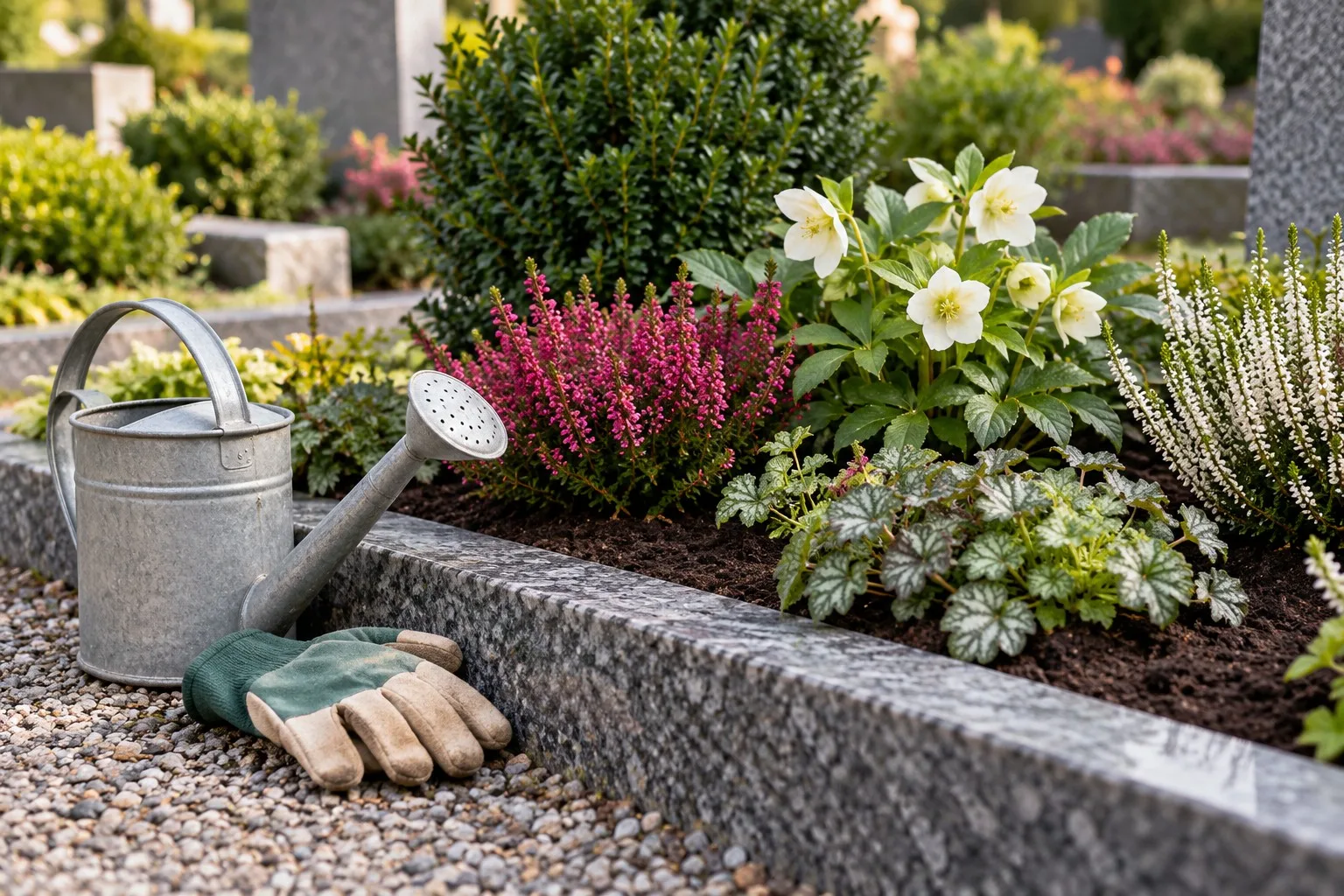 Blühendes Grabbeet neben schlichter Gießkanne und Gartenhandschuhen.